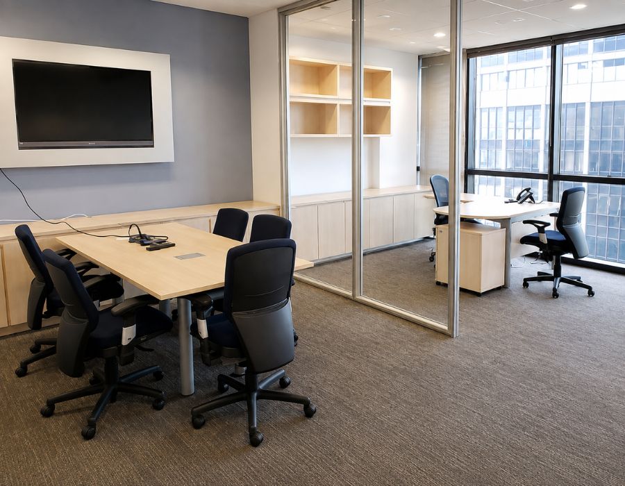 Sala de reuniões corporativa moderna de escritório de advocacia, mesa de madeira clara com cadeiras executivas azul-marinho, painel de TV na parede, divisórias de vidro e vista para prédios da cidade, iluminação natural, fotografia realista