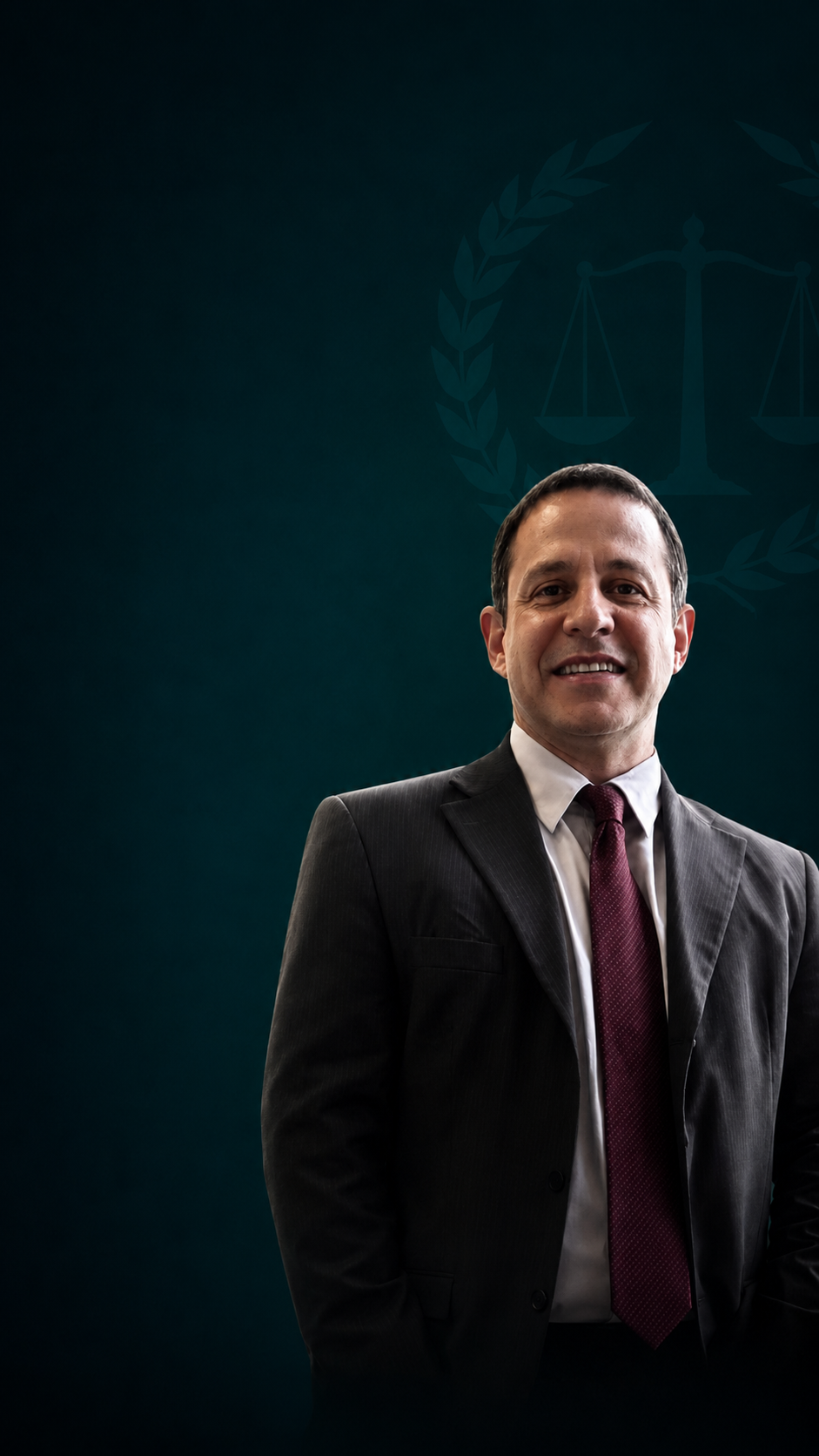 Retrato de advogado trabalhista sênior sorrindo, terno escuro e gravata bordô, em pé diante de fundo verde-petróleo escuro com brasão de balança da justiça em marca d'água, iluminação suave e profissional, fotografia corporativa realista, enquadramento vertical
