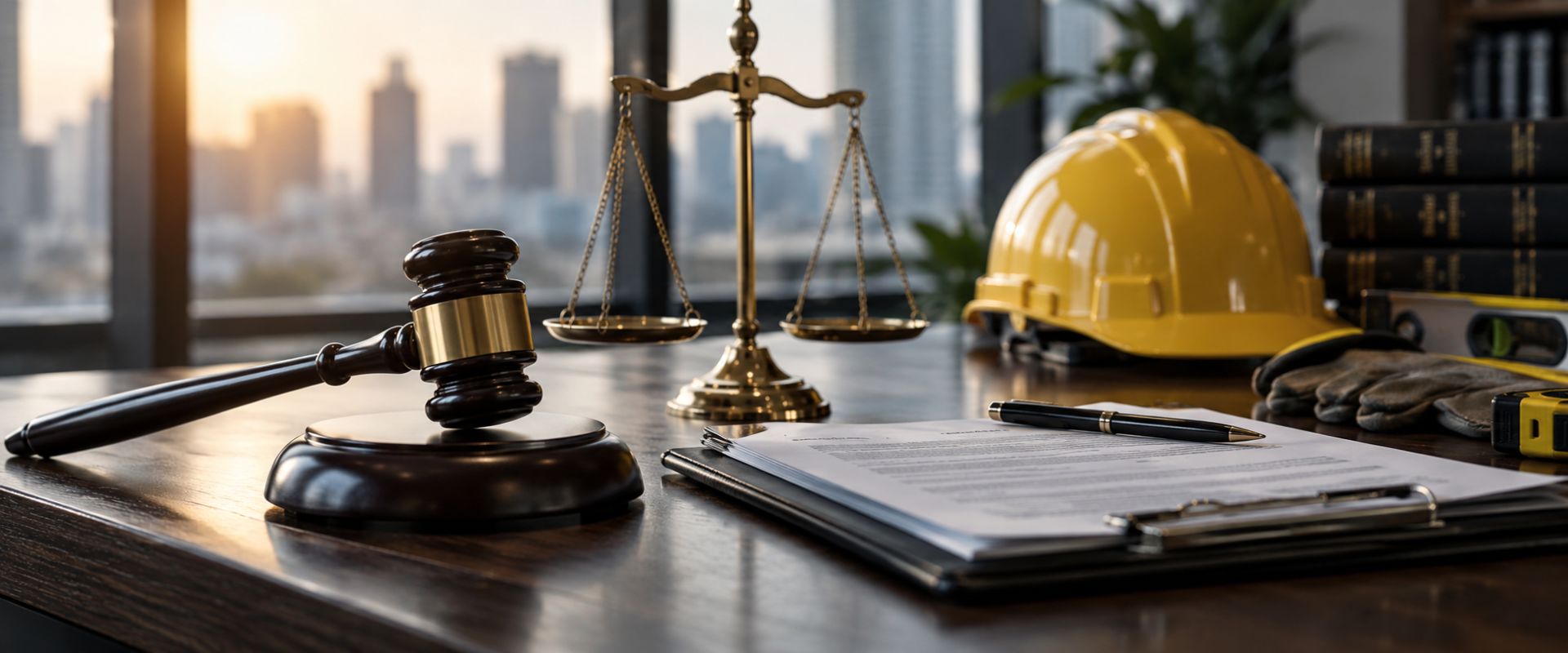 Mesa de escritório de advocacia com martelo de juiz de madeira, balança da justiça dourada, capacete de proteção amarelo, luvas de trabalho e documentos sobre prancheta, vista da cidade ao fundo através de janela, iluminação de fim de tarde, fotografia realista dramática